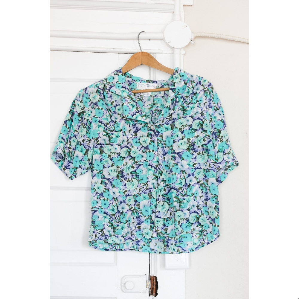 Vintage 1980's Silk Floral Short Sleeve Blouse